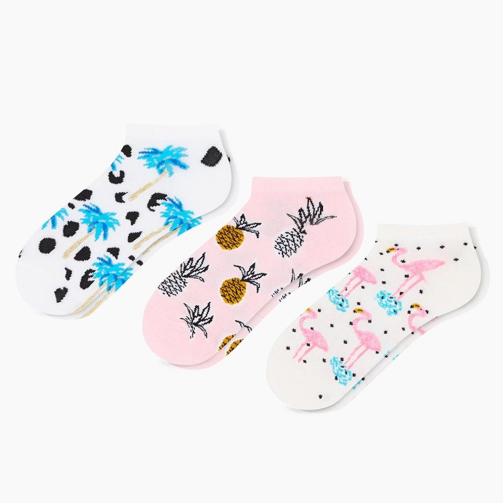 Women Low Cut Palm, flamingo Pinapple 3 Sock Set